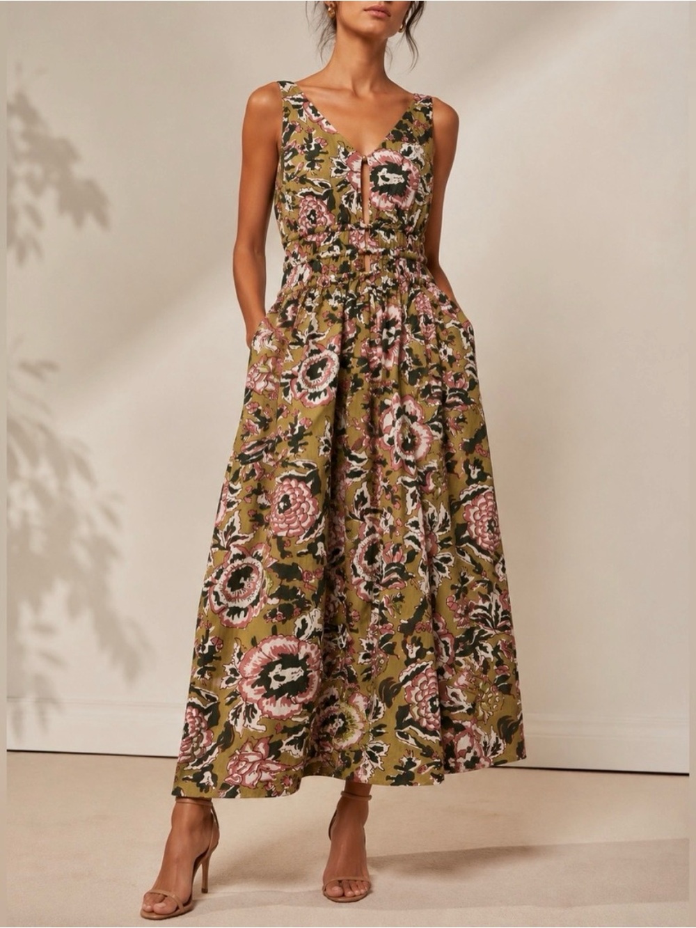 Caroline Constas Mustard Floral V-Neck Cotton Modal Midi Dress NWT Size S - Picture 3 of 10